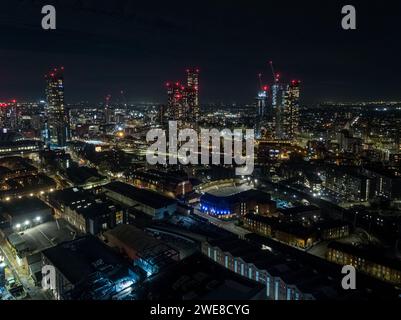 Night time panoramic aerial image of St Johns, Castlefield, Beetham Tower, Deansgate Square and the wider Manchester city centre, UK Stock Photo