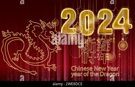 2024 Chinese New Year of the Dragon shining light sparkles background Stock Vector