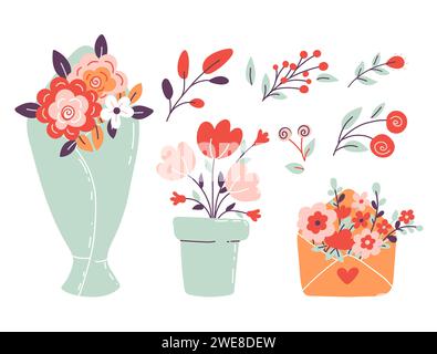 Valentines day elements flower set. Floral bouquets and letter isolated on white bacground. Flat style. Cartoon vector illustration Stock Vector