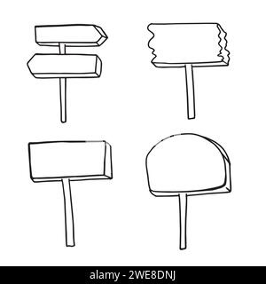 Sketch direction sign. Hand drawn doodle style. Set of wooden signposts. Vector illustration. For design, web, flyers Stock Vector