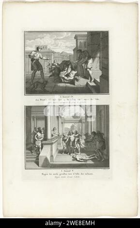 Priest Eli falls from his chair and the image Dagon falls to the earth, Jacob Folkema, 1791 print Two Biblical performances from 1 Sam. 4 and 5. Priest Eli falls from his chair and dies when he hears that the Ark of the covenant has been taken, and the image Dagon falls to the earth next to the Ark of the covenant. Two performances of one plate, each with a title in Dutch and French. Fully numbered at the bottom right: 46. publisher: Amsterdampublisher: Dordrecht paper etching Eli, hearing of the capture of the ark, falls from his seat and dies. the statue of Dagon in Ashdod falls down Stock Photo