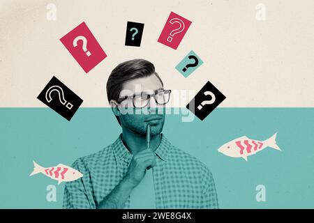 Creative collage picture photo young clever smart man finding solution question mark unsure decide choose minded dilemma brainstorming Stock Photo