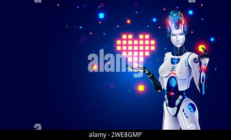 Beautiful robot woman holds a pixel heart symbol of love in her hand. Banner for Valentines day in style of AI, digital technology. Neural networks, a Stock Vector