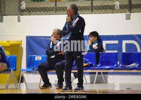 Oviedo, Spain. 23rd Jan, 2024. The coach of Lobas Global Atac Oviedo, Manuel Diaz during the Second phase of the XLV Copa de S.M. The Queen enters Lobas Global Atac Oviedo and Atticgo BM. Elche, on January 23, 2024, at the Florida Arena Municipal Sports Center, in Oviedo, Spain. (Photo by Alberto Brevers/Pacific Press) Credit: Pacific Press Media Production Corp./Alamy Live News Stock Photo