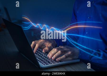 AI analyzing big data. Machine learning and deep learning technology. Data scientist working on data model on computer. Innovation, finance, business Stock Photo