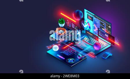 Software development, web design, programming concept. Abstract software develop programming api interface, program code, elements interface website o Stock Vector