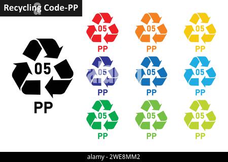 PP plastic recycling code icon set. Mobius Strip Plastic recycling symbol 05 PP. Plastic recycling code 05 icon collection in ten colors. Stock Vector