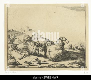 Two lying sheep, mountain village in the background, Marcus de Bye, 1728 - c. 1761 print  The Hague paper etching sheep Stock Photo