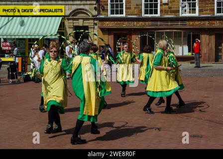 Morris Dancers putting on a display at a convention, Market Square, Northampton, UK Stock Photo