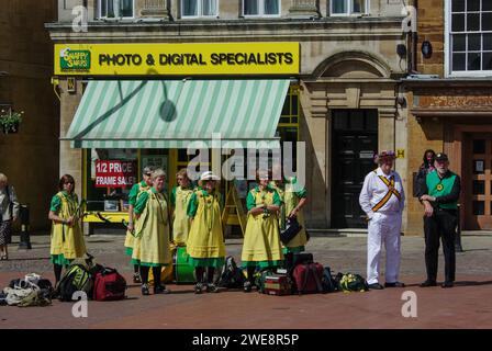 Morris Dancers putting on a display at a convention, Market Square, Northampton, UK Stock Photo