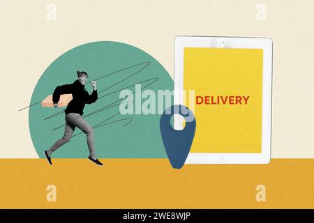 Collage creative illustration image monochrome effect excited happy joyful young woman run courier delivery unusual colorful template Stock Photo