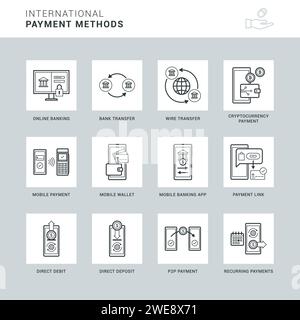 International payment methods, transactions and digital wallet icon set, one color Stock Vector