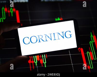 Konskie, Poland - January 23, 2024: Corning company logo displayed on mobile phone screen Stock Photo