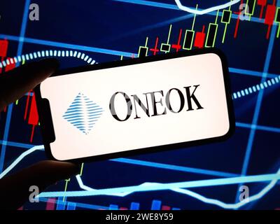Konskie, Poland - January 23, 2024: Oneok company logo displayed on mobile phone screen Stock Photo