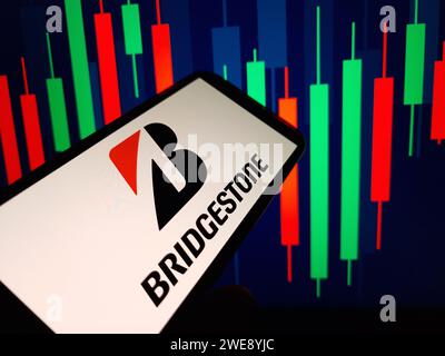 Konskie, Poland - January 23, 2024: Bridgestone company logo displayed on mobile phone screen Stock Photo