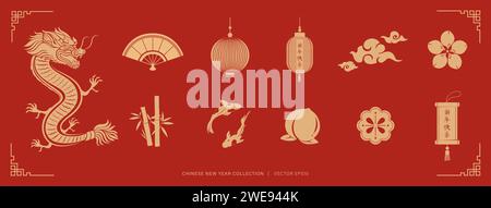 Chinese lunar new year decoration element set on red background, vector illustration flat design Stock Vector