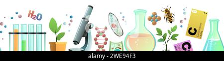 Biology. Seamlessly horizontal composition. Isolated on white background. Funny cartoon style. Picture vector Stock Vector