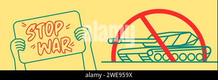 Stop War Line Art Banner with Prohibited Tank Sign and Plank Stock Vector