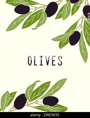 Background banner design with olive products. Olive branch in simple handmade style with dark fruits. Vector illustration Stock Vector