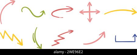 Hand-Drawn Freehand Emphasis Arrows, Swirls, and Doodles. Perfect for Highlighting Text and Adding Artistic Flair to Presentations and Educational Graphs. Stock Vector