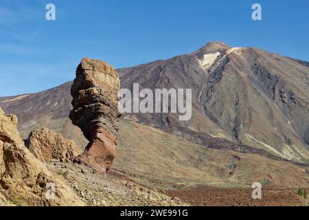 View of Mount Teide, with Roque Cinchado in the foreground. Roque Cinchado is a volcanic rock formation regarded as the symbol of Tenerife. Stock Photo