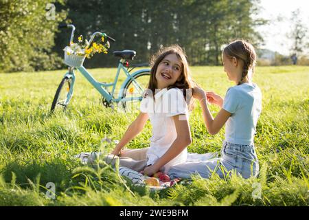 Two teenage girls spend time on green grass lawn in park, braid pigtails and tails for each other, enjoy summer and vacations Stock Photo