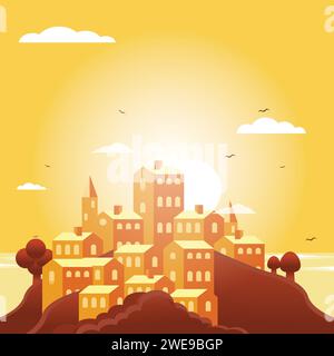 Landscape scene with medieval town illustration Stock Vector Image ...
