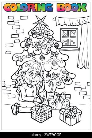 children's winter coloring book - Christmas tree with gifts Stock Vector