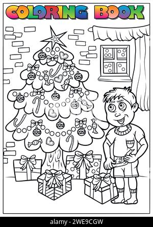 children's winter coloring book - Christmas tree with gifts Stock Vector