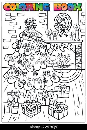 children's winter coloring book - Christmas tree with gifts Stock Vector