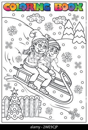 children's winter coloring book - children are sledding outside Stock Vector