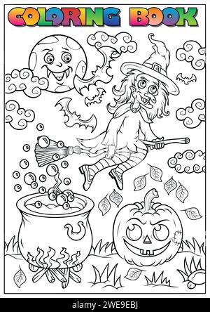 Children's coloring book for Halloween, mummy, skull, grave, pumpkin, bat, moon, cloud - Halloween theme Stock Vector