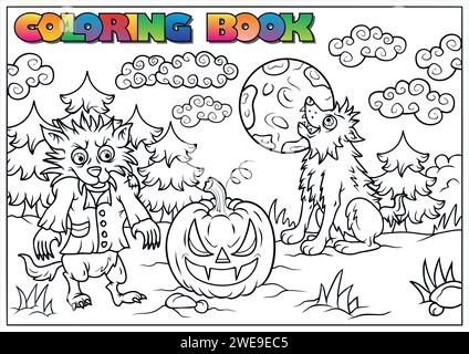 Children's coloring book for Halloween, mummy, skull, grave, pumpkin, bat, moon, cloud - Halloween theme Stock Vector