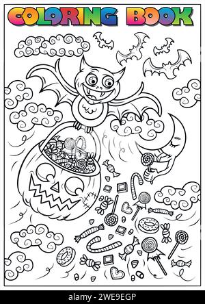 Children's coloring book for Halloween, mummy, skull, grave, pumpkin, bat, moon, cloud - Halloween theme Stock Vector