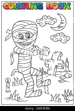 Children's coloring book for Halloween, mummy, skull, grave, pumpkin, bat, moon, cloud - Halloween theme Stock Vector