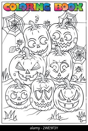 Children's coloring book for Halloween, mummy, skull, grave, pumpkin, bat, moon, cloud - Halloween theme Stock Vector