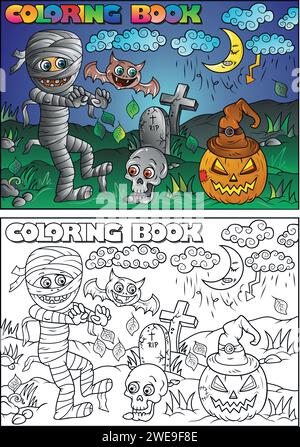 Children's coloring book for Halloween, mummy, skull, grave, pumpkin, bat, moon, cloud - Halloween theme Stock Vector