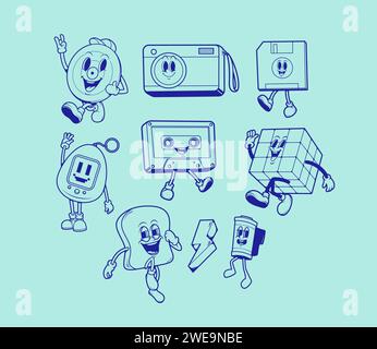 Old fashioned collection of diskette, vintage camera, old floppy disk, film roll and tamagochi mascots in retro cartoon style. Nostalgia for 1990s. Ve Stock Vector