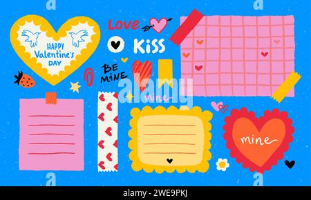 Paper valentine memo notes on stickers. Vector vintage sticky notes and pages with torn edges Stock Vector