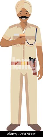 Standing Indian Policeman Officer with Cup of Coffee in Turban and Traditional Uniform Character Icon in Flat Style. Vector Illustration. Stock Vector