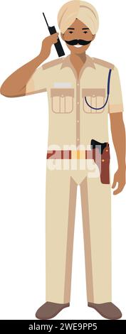 Standing Indian Policeman Officer with Walkie-Talkie in Turban and Traditional Uniform Character Icon in Flat Style. Vector Illustration. Stock Vector