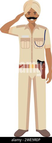 Standing Indian Policeman Officer in Turban and Traditional Uniform Character Icon in Flat Style. Vector Illustration. Stock Vector