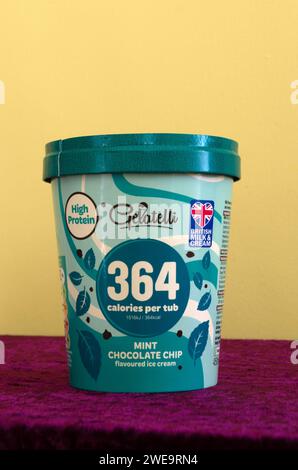 Tub of Gelatelli British Mint Chocolate Chip Flavour Ice Cream Stock Photo