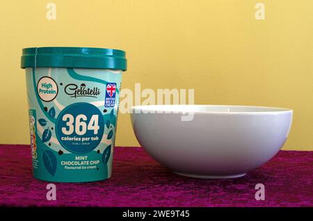 Tub of Gelatelli British Mint Chocolate Chip Flavour Ice Cream Stock Photo