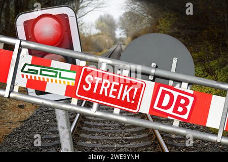 Strike, DB, And GDL Barriers In Front Of Empty Rail Tracks And Red Stop Signal, Symbol Photo GDL Strike, Photo Mounting Stock Photo