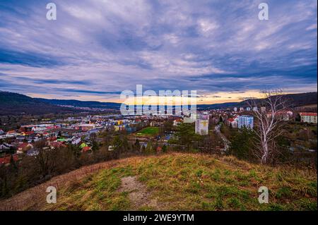 View Over Jena From Heiligenberg With Thick Rain Clouds In The Sky, Jena, Thüringen, Germany Stock Photo