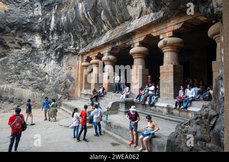 Mumbai, Maharashtra, India, Indian tourists visiting the temple of Elephanta island, Editorial only. Stock Photo