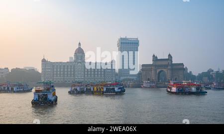 Mumbai, Maharashtra, India, Cityscape of Mumbai with Taj Mumbai Palace. Hotel and Gateway of India, Editorial only. Stock Photo