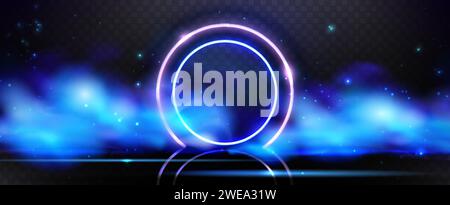 Neon led light circle frame and blue smoke with sparkles on dark background. Realistic vector illustration of glow ring with soft clouds, magic fog effect. Futuristic game portal with haze or mist. Stock Vector