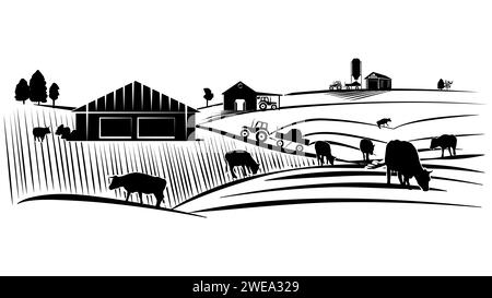 Silhouette scene from farm life with fields, cows, barns and machinery isolated on white background. Vector rural clipart. Stock Vector